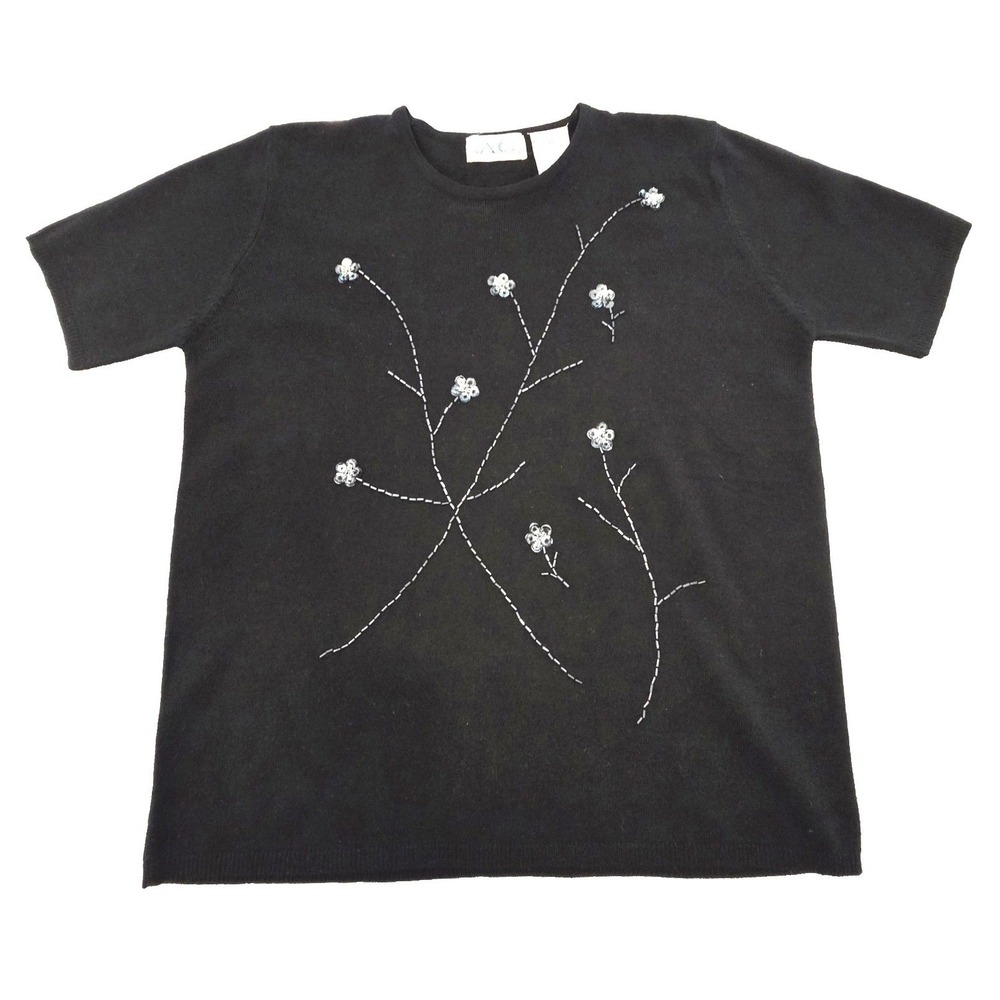 90s VTG Beaded Floral‎ Black Sweater AC American Collection Womens Small
